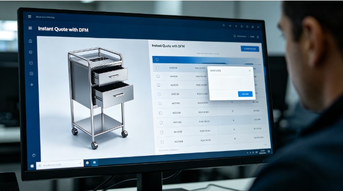 A realistic screenshot of an online quoting platform showing a 3D CAD model of a metal barbershop cabinet on the left and a detailed cost breakdown with DFM analysis on the right.
